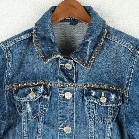American Eagle Jean Jacket Girls Large Blue Cropped Studded Biker Rustic Denim - Picture 2 of 9